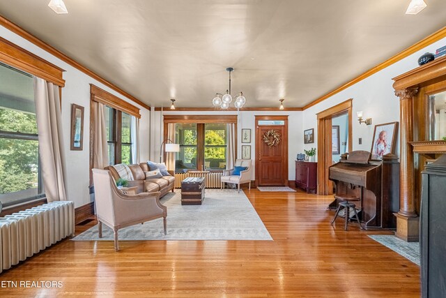 living room with crown molding, radiator, light wood-type flooring, and an inviting chandelier