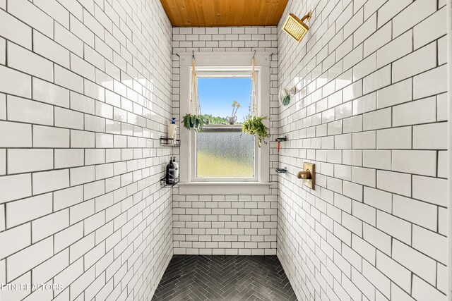 bathroom with wood ceiling