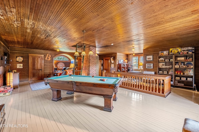 game room featuring wood ceiling, billiards, light hardwood / wood-style flooring, and wood walls