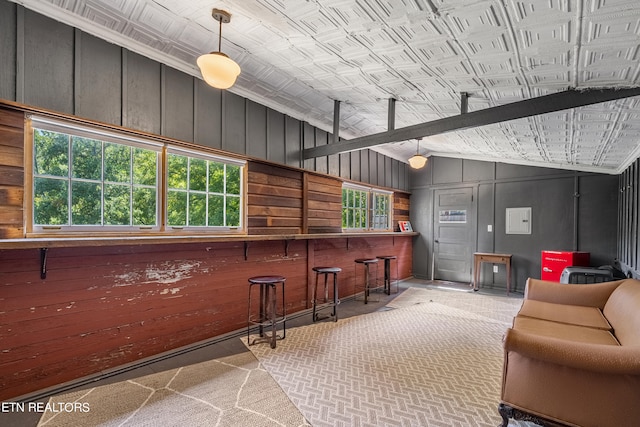 interior space featuring vaulted ceiling, a healthy amount of sunlight, and wooden walls