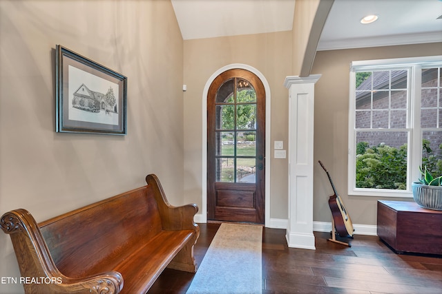 entryway with a wealth of natural light, dark wood-type flooring, and ornate columns