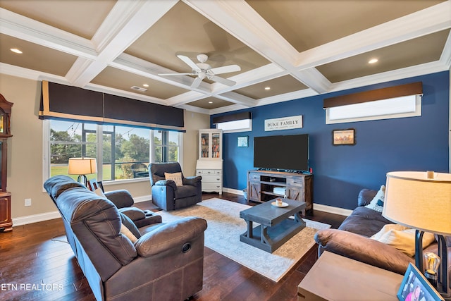 living room with dark wood-type flooring, ceiling fan, coffered ceiling, and beam ceiling