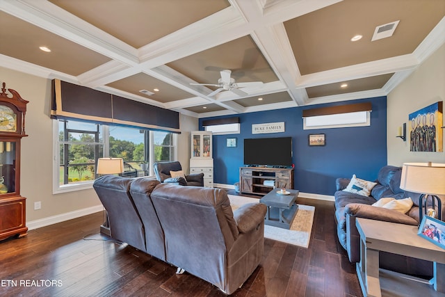 living room with dark wood-type flooring, coffered ceiling, ceiling fan, and crown molding