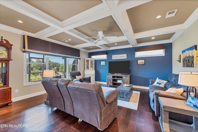 living room featuring ornamental molding, ceiling fan, dark hardwood / wood-style floors, and coffered ceiling