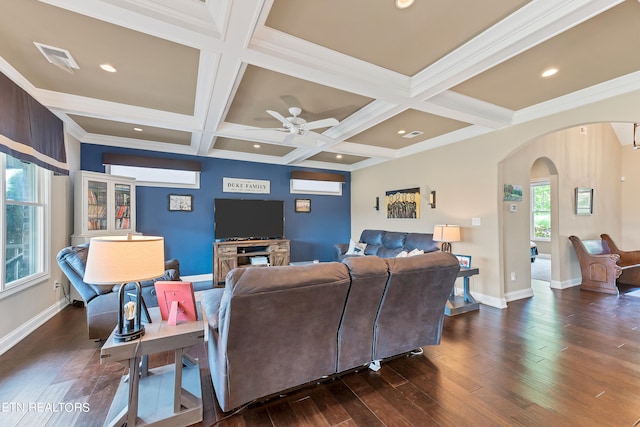 living room featuring ornamental molding, dark wood-type flooring, coffered ceiling, and ceiling fan