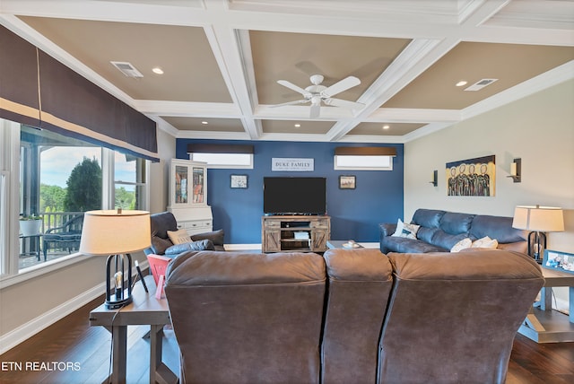 living room with dark wood-type flooring, coffered ceiling, ceiling fan, and ornamental molding