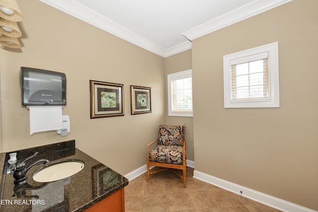 bathroom featuring crown molding, vanity, and tile patterned flooring