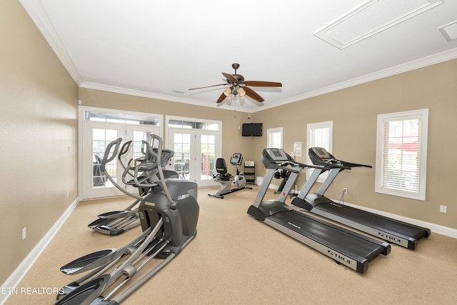 exercise room featuring crown molding, french doors, ceiling fan, and carpet