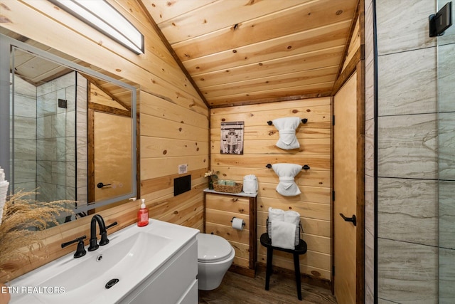 bathroom featuring lofted ceiling, wood walls, toilet, and wood ceiling