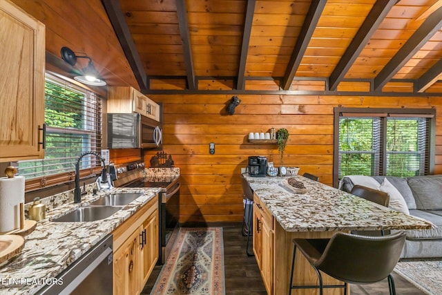 kitchen with light stone counters, stainless steel appliances, wooden walls, dark hardwood / wood-style floors, and sink