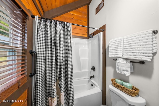 bathroom featuring wood ceiling, shower / bath combo, and toilet