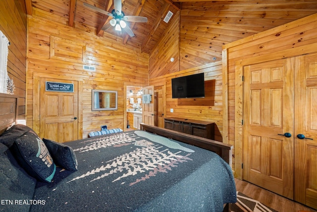 bedroom featuring hardwood / wood-style flooring, wooden walls, and wooden ceiling