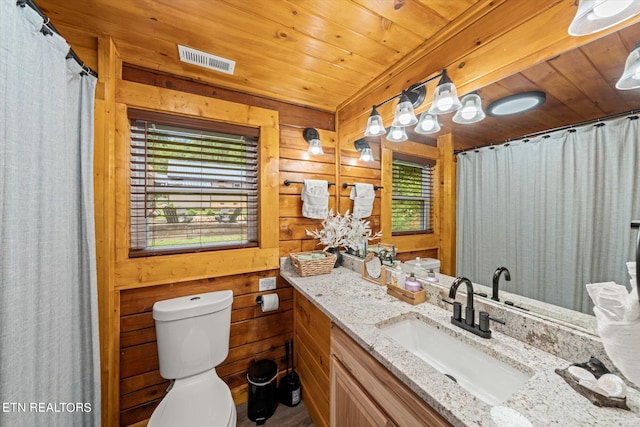 bathroom with vanity, wood walls, toilet, and a wealth of natural light