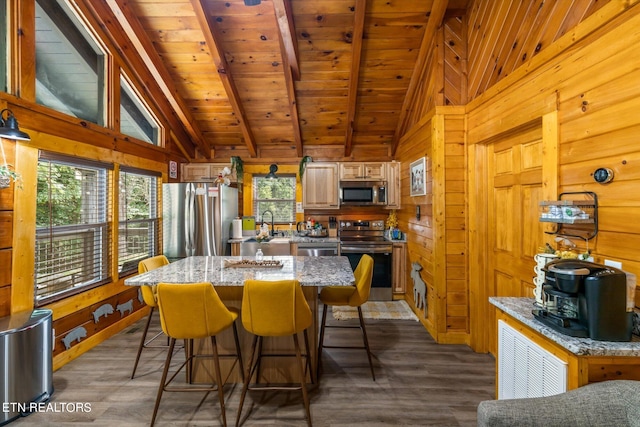 dining room featuring sink, wood walls, vaulted ceiling with beams, dark hardwood / wood-style flooring, and wooden ceiling