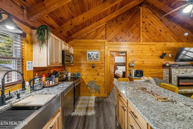 kitchen with appliances with stainless steel finishes, dark wood-type flooring, wood walls, light brown cabinets, and ceiling fan