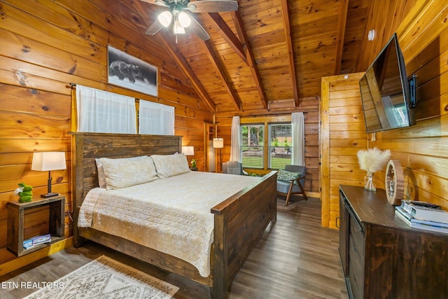 bedroom featuring ceiling fan, vaulted ceiling with beams, wood walls, wooden ceiling, and dark hardwood / wood-style flooring