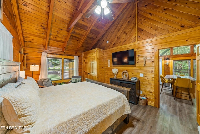 bedroom featuring lofted ceiling with beams, wood walls, hardwood / wood-style floors, and wooden ceiling