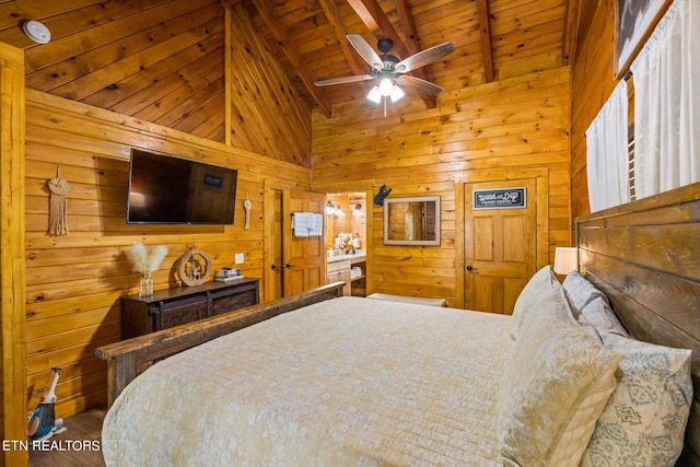 bedroom with wooden walls, beam ceiling, and ceiling fan