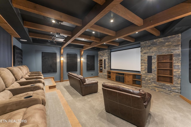 cinema with beam ceiling, light carpet, and coffered ceiling