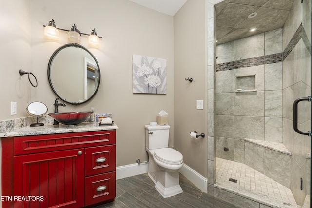 bathroom with toilet, vanity, and walk in shower