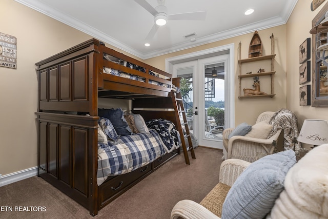 bedroom featuring access to outside, ceiling fan, crown molding, and dark carpet