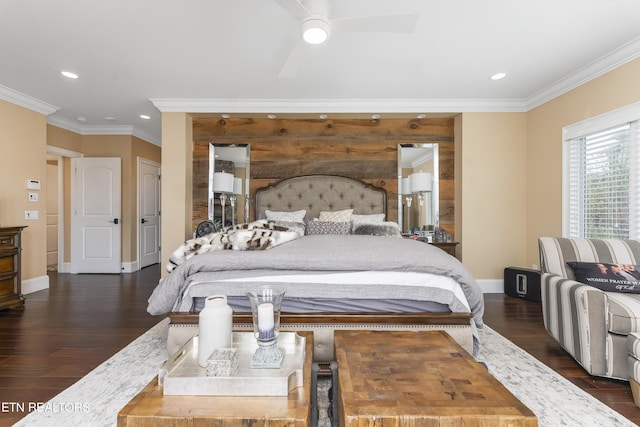 bedroom featuring ceiling fan, dark hardwood / wood-style flooring, and ornamental molding