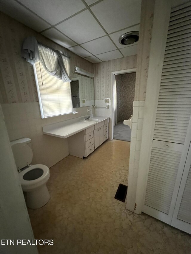 bathroom featuring toilet, a drop ceiling, and vanity