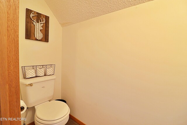 bathroom featuring lofted ceiling, toilet, and a textured ceiling