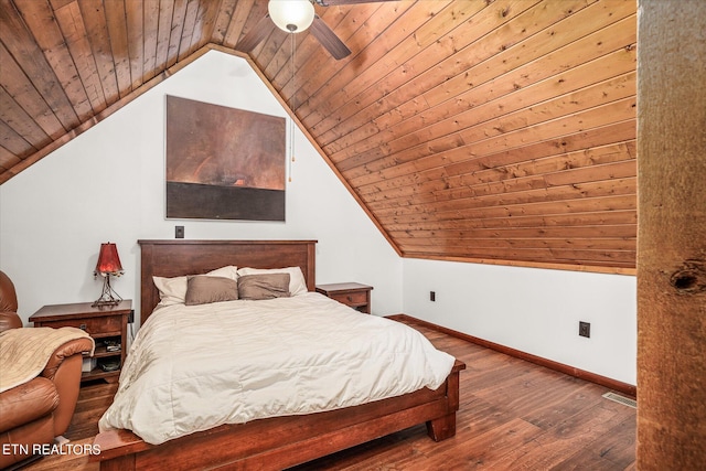 bedroom with lofted ceiling, ceiling fan, hardwood / wood-style flooring, and wood ceiling