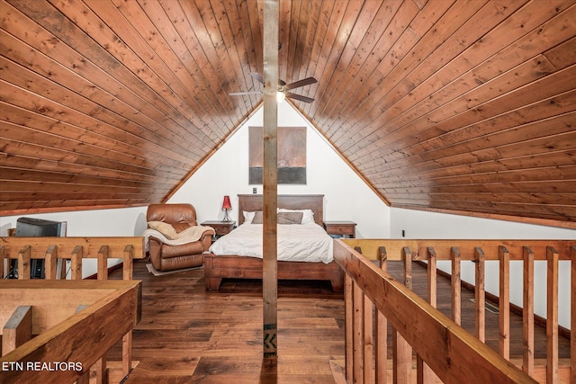 unfurnished bedroom featuring wood ceiling, vaulted ceiling, and dark wood-type flooring