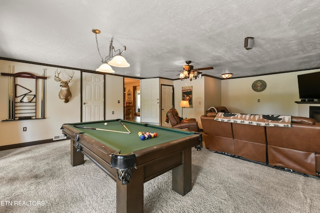 game room with ceiling fan, carpet floors, a textured ceiling, and pool table