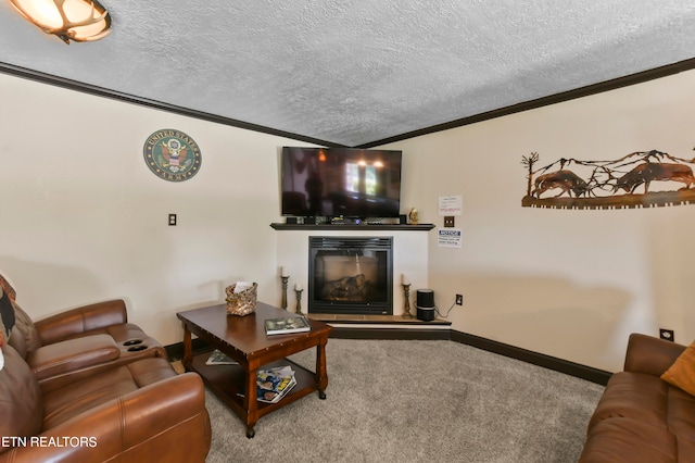 carpeted living room featuring a textured ceiling and ornamental molding