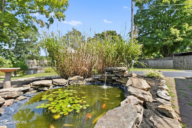 view of yard featuring a garden pond