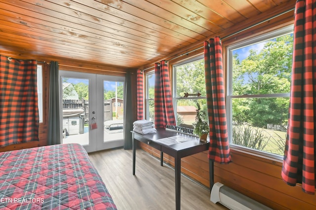 bedroom featuring access to exterior, french doors, baseboard heating, and multiple windows