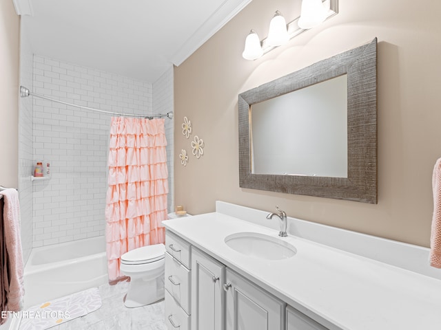 full bathroom featuring toilet, ornamental molding, shower / tub combo with curtain, and vanity