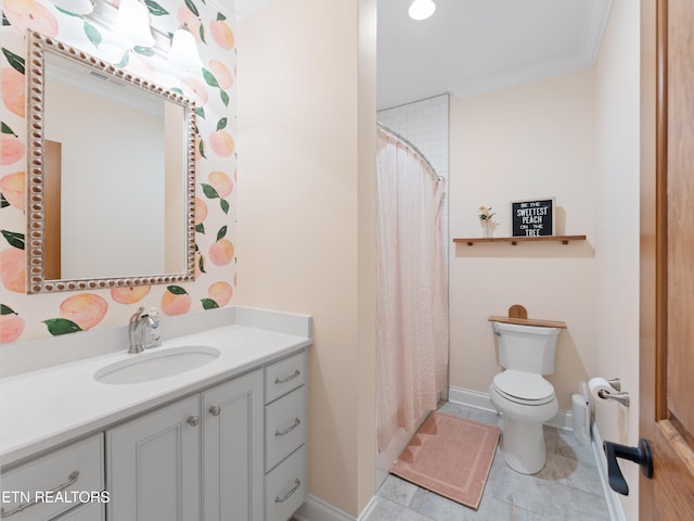 bathroom featuring ornamental molding, vanity, toilet, and a shower with curtain