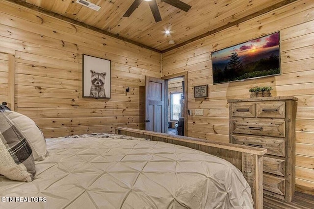 bedroom featuring wood walls, ceiling fan, and wooden ceiling