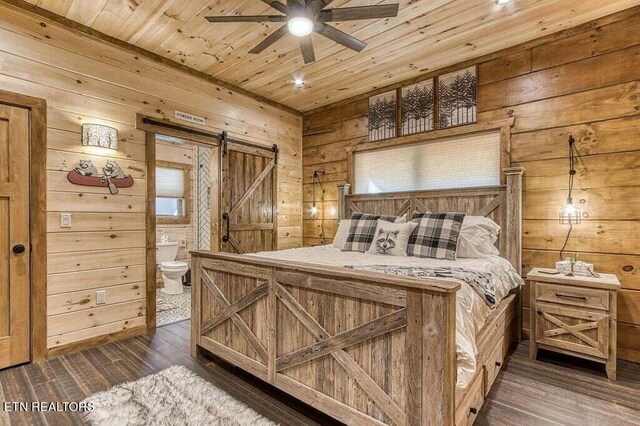 bedroom featuring wooden walls, wood ceiling, ensuite bath, ceiling fan, and dark wood-type flooring