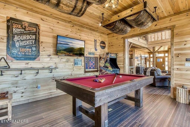 playroom featuring wood ceiling, wood walls, dark hardwood / wood-style floors, and pool table