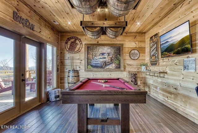 recreation room featuring wooden walls, wood ceiling, pool table, plenty of natural light, and dark wood-type flooring