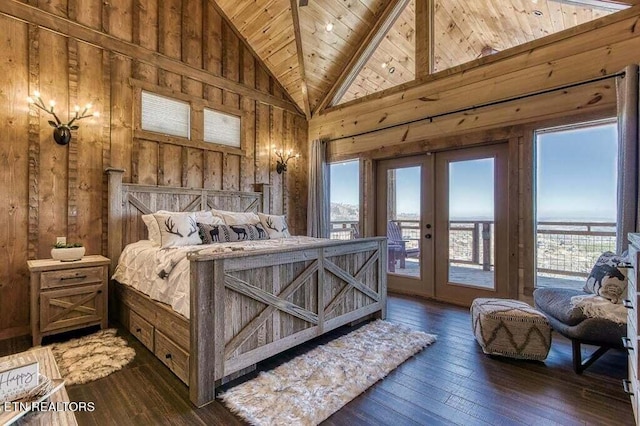 bedroom featuring dark wood-type flooring, wood walls, access to exterior, and wooden ceiling