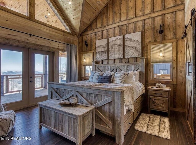 bedroom featuring wood walls, dark hardwood / wood-style floors, french doors, access to outside, and wood ceiling