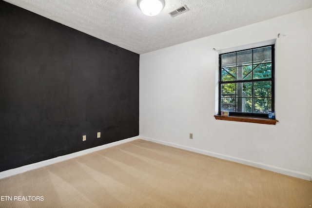 empty room featuring a textured ceiling and light colored carpet