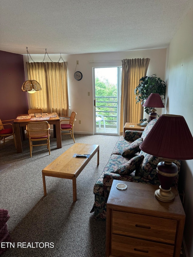 living room with a textured ceiling and carpet