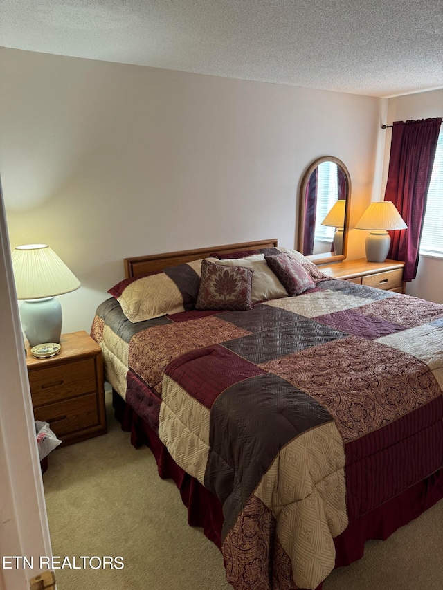 bedroom with a textured ceiling and light colored carpet