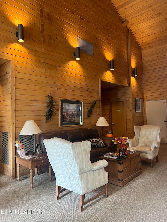 living room featuring high vaulted ceiling, wood ceiling, wooden walls, and carpet floors