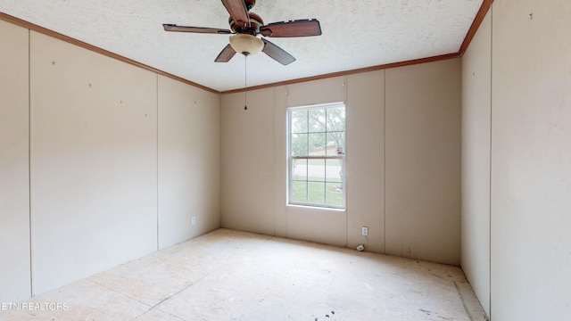 unfurnished room with a textured ceiling, crown molding, and ceiling fan