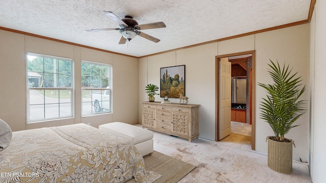 bedroom with crown molding, a textured ceiling, and ceiling fan