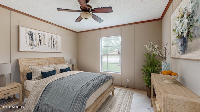 bedroom with a textured ceiling, crown molding, and ceiling fan