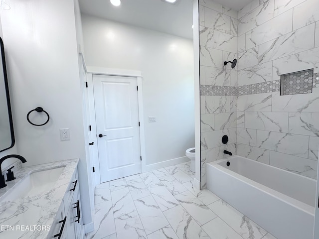 full bathroom featuring toilet, shower / bath combination, vanity, baseboards, and marble finish floor